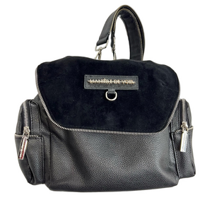 Maniere de Voir black pebbled vegan leather and suede zipper detail backpack